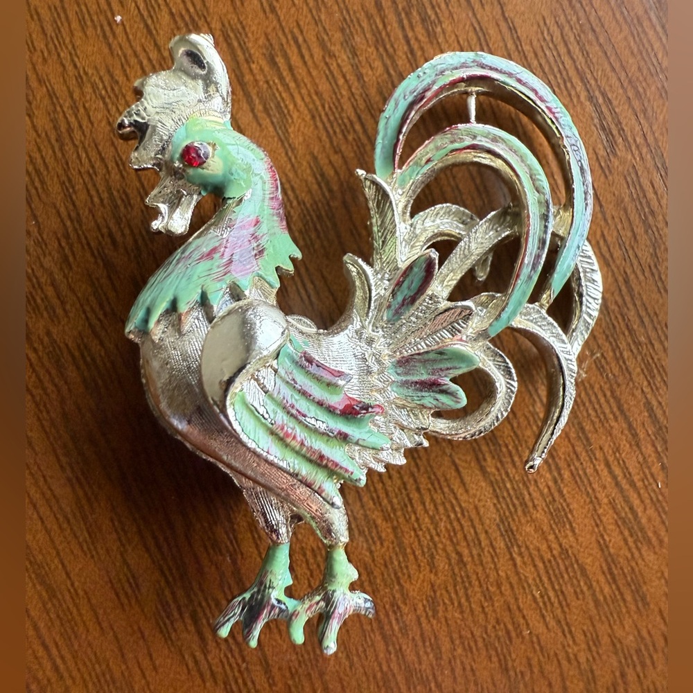 Vintage Silver and Green Rooster Brooch